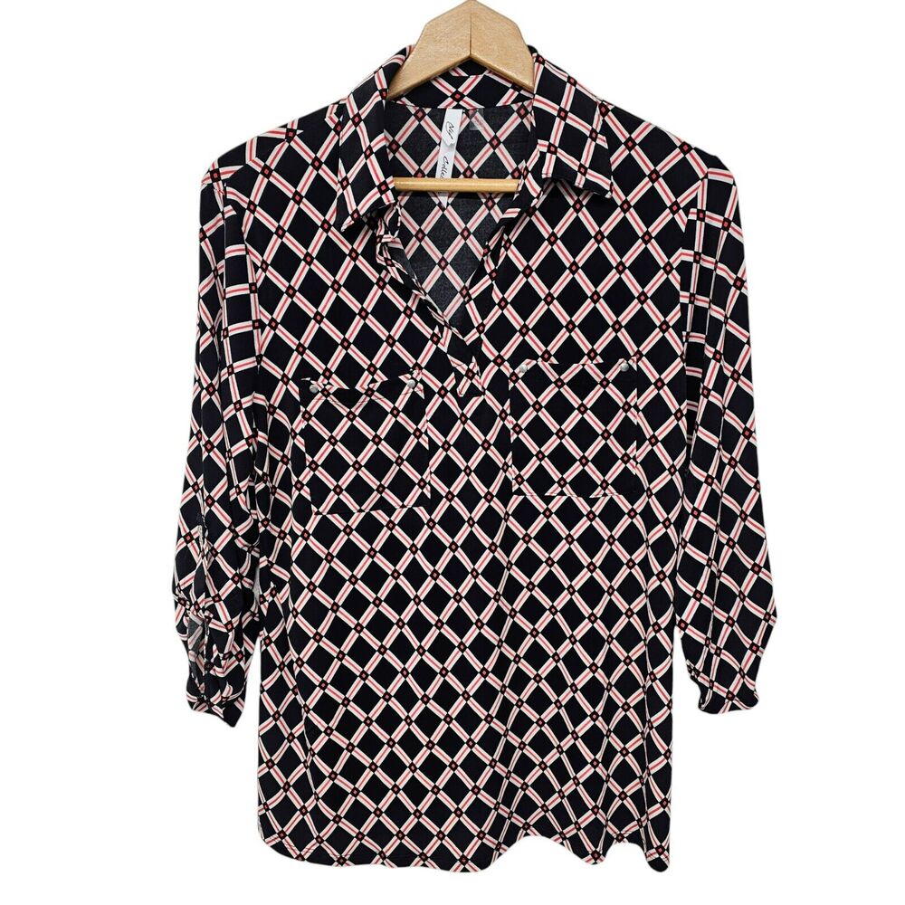 NY Collection Womens Artsy Geometric Popover Top Size L Y Neck Roll Tab Sleeve